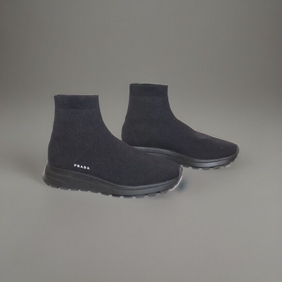 LUXURY PRADA SOCK HIGH-TOP SNEAKERS SHOE 4T3478 BLACK KNIT US 6 EU 37 RUNS SMALL - Picture 4 of 13